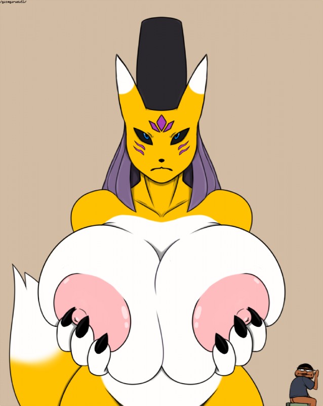 anthro big_breasts blue_eyes breasts duo female fur huge_breasts looking_at_viewer nipples nude solo_focus standing white_body white_fur yellow_body yellow_fur galmgaruda51 bandai_namco digimon canid canine digimon_(species) mammal taomon hi_res