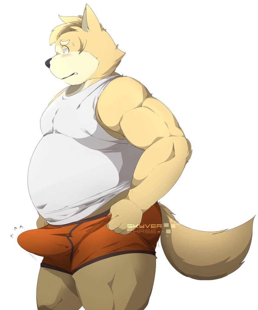 anthro belly blush bulge clothed clothing erection erection_under_clothing humanoid_hands kemono male overweight overweight_male shirt simple_background solo tank_top topwear underwear white_background skyverchase canid canine canis domestic_dog mammal 2022 5:6 absurd_res hi_res