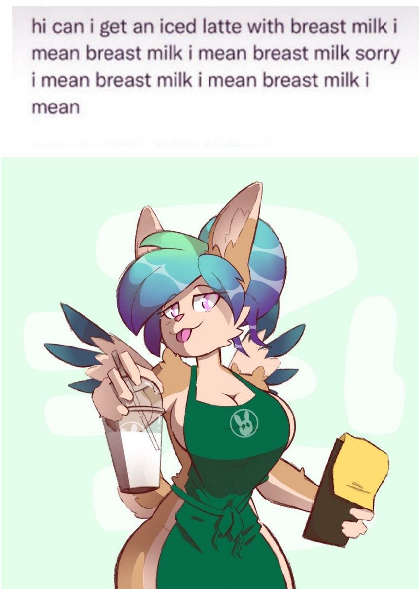 anthro apron apron_only big_breasts breasts clothed clothing container cup dialogue_box female holding_binder holding_container holding_cup holding_object mostly_nude solo text tongue tongue_out wings unknown_artist i_mean_breast_milk starbucks shybun lagomorph leporid mammal rabbit english_text hi_res meme source_request