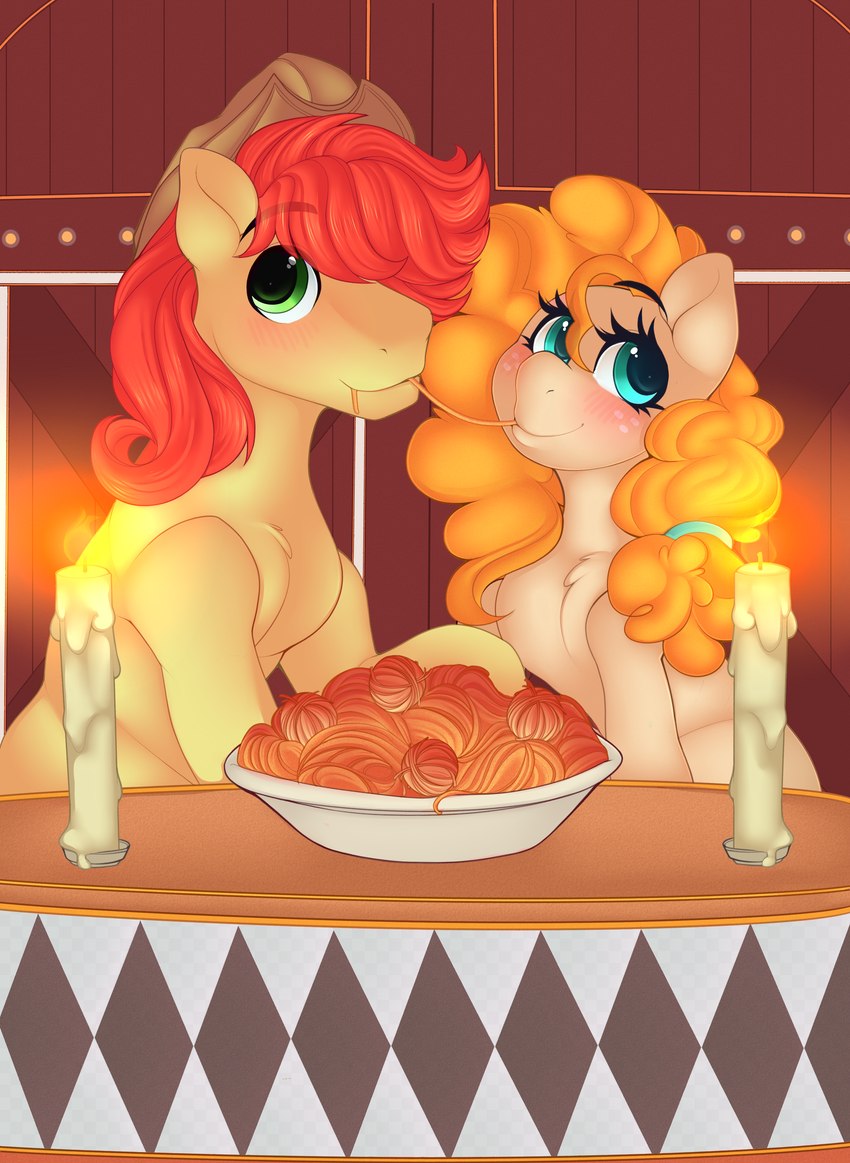 candle canon_couple clothing cowboy_hat duo eating female feral feral_on_feral food hair hat headgear headwear husband_and_wife lit_candle male male/female married_couple orange_hair pasta pupils red_hair spaghetti kribbles disney friendship_is_magic hasbro lady_and_the_tramp my_little_pony bright_mac_(mlp) pear_butter_(mlp) earth_pony equid equine horse mammal pony absurd_res hi_res