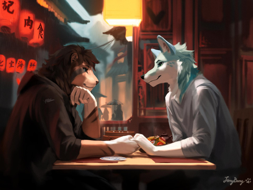 anthro blue_body blue_fur brown_body brown_fur building clothed clothing duo_focus eye_contact food fully_clothed fur furniture group hand_holding light looking_at_another male outside romantic romantic_ambiance romantic_couple romantic_dinner silhouette sitting table text white_body white_fur kadrion canid canine canis mammal wolf 2020 4:3 chinese_text hi_res lighting signature