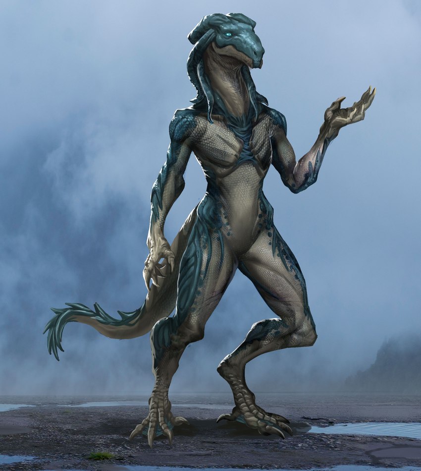 anthro blue_eyes digitigrade exposure_variation featureless_chest featureless_crotch female flat_chested head_tails nude scales solo standing turquoise_body turquoise_scales white_body white_scales athavan dune_(series) amaal_wan-jafaar alien bumi_(species) lizard reptile scalie absurd_res hi_res