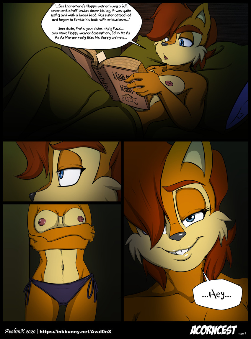 anthro bed bedroom book breasts clothed clothing dialogue duo female furniture male profanity reading smile smirk text topless underwear aval0nx archie_comics sega sonic_the_hedgehog_(archie) sonic_the_hedgehog_(comics) sonic_the_hedgehog_(series) elias_acorn sally_acorn chipmunk ground_squirrel mammal rodent sciurid comic english_text hi_res url brother_(lore) brother_and_sister_(lore) sibling_(lore) sister_(lore)