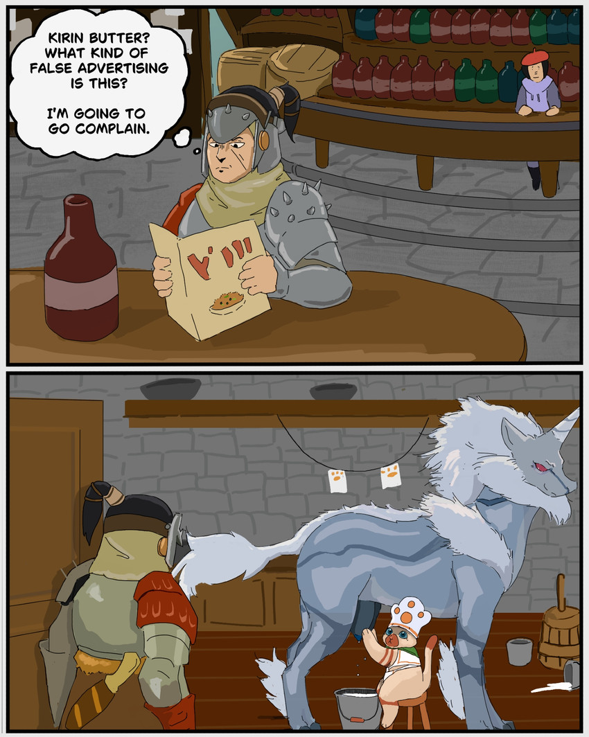 1_horn 2_toes ambiguous_gender anthro armor barrel beard beret big_teats black_hair blue_body blue_eyes blue_fur blue_markings bodily_fluids boots bottle bowl breast_milking brown_markings bucket butter_churn cabinet chef_hat claws clothed clothing container counter detailed_background dipstick_tail door duo facial_hair facial_markings facial_scar feet female female_feral feral fetlocks floor footprint footwear forehead_horn fur furniture gauntlets gloves group hair hand_on_teats handwear hat head_markings headgear headwear helmet holding_object horn hunter inside kerchief knife lactating looking_at_another male mane markings menu metal_armor milk milk_bucket milk_container muzzle_(marking) neckerchief neckwear pauldron pawprint pointy_ears ponytail prick_ears rear_view red_clothing red_eyes red_headwear scar shelf shoes side_view sitting snout standing stone_floor stone_wall stool striped_markings stripes table tail tail_markings tan_body tan_fur tan_skin teats text thought_bubble toe_claws toes trio unicorn_horn visor wall_(structure) white_body white_fur white_mane white_tail wood wood_floor holemann capcom monster_hunter mythology equid equine felid felyne human kirin_(mh) lynian mammal mythological_creature mythological_equine unicorn 2koma comic english_text hi_res