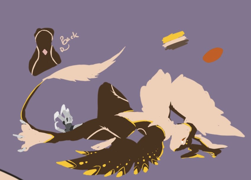 4_ears ambiguous_gender anthro feathers feet fur male multi_ear nude orange_eyes robotic_leg simple_background solo wings zady coil_(overgrown_lizards) avali avian model_sheet