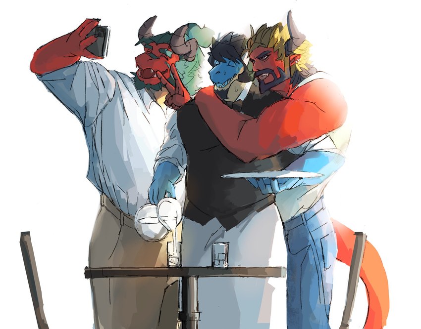 alternate_universe anthro apron beard black_hair blue_body blue_scales bow_tie cellphone clothing electronics facial_hair goatee group hair horn male modern_au phone ponytail red_body red_scales red_skin scales selfie tail tan_body tan_scales teal_hair waiter water_pitcher tomita_dayo anothereidos_of_dragon_vein_r mythology atmos_(anothereidos_r) folker_(anothereidos_r) lucifer_(anothereidos_r) demon demon_humanoid dragon humanoid mythological_creature mythological_scalie scalie hi_res