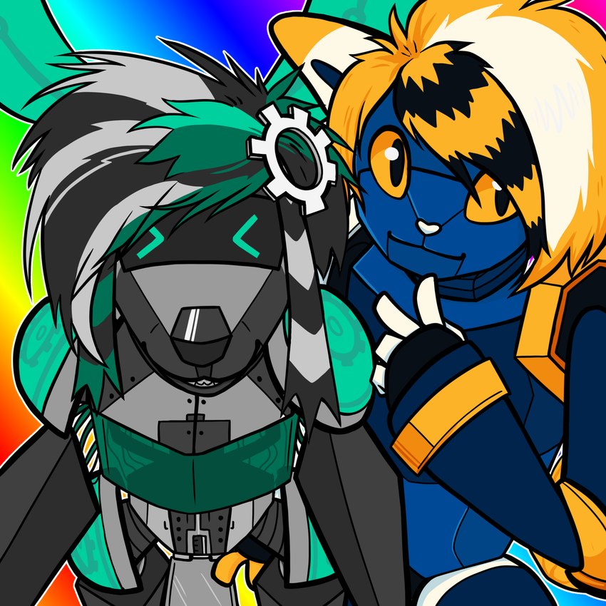 >_< ambiguous_gender anthro duo eyes_closed machine mascot rainbow_background scene_haircut simple_background necr0manla e621 esix canid canine canis domestic_cat domestic_dog felid feline felis hybrid mammal robot 1:1 hi_res