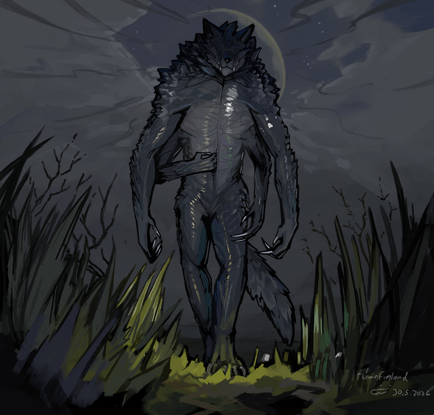 4_arms anthro biped claws cloud dark eyeless field front_view grass long_claws male male_anthro moon multi_arm multi_limb night plant solo walking themefinland mythology canid canine canis mammal monster mythological_canine mythological_creature werecanid werecanine werecreature werewolf wolf 2026 dated signature