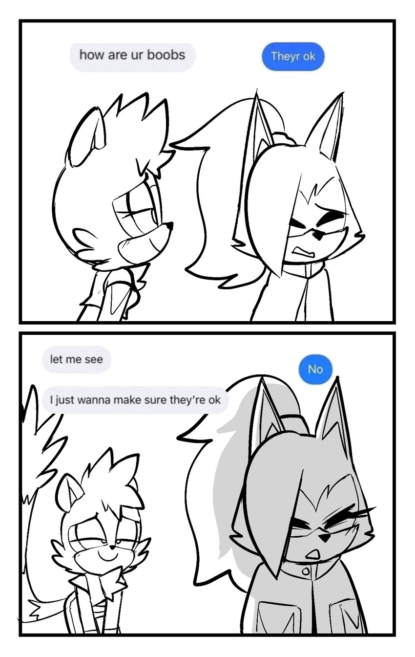 anthro clothed clothed_anthro clothed_female clothing coat dialogue duo female female/female hair ponytail smug_grin tail text topwear lettuce_(artist) idw_publishing sega sonic_the_hedgehog_(comics) sonic_the_hedgehog_(idw) sonic_the_hedgehog_(series) tangle_the_lemur whisper_the_wolf canid canine canis lemur mammal primate ring-tailed_lemur strepsirrhine wolf 2024 black_and_white english_text hi_res monochrome