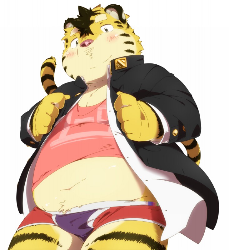 anthro blush clothed clothing eyebrows hair kemono male midriff navel overweight overweight_anthro overweight_male pink_nose simple_background slightly_chubby solo stripes suit underwear white_background hinami felid mammal pantherine tiger hi_res