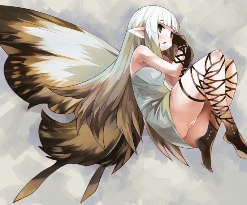 blush butt clothed clothing female genitals hair insect_wings long_hair no_underwear not_furry open_mouth pussy solo white_hair wings tsuderou bravely_default silicon_studio airy_(bravely_default) fairy humanoid winged_humanoid 2014 6:5