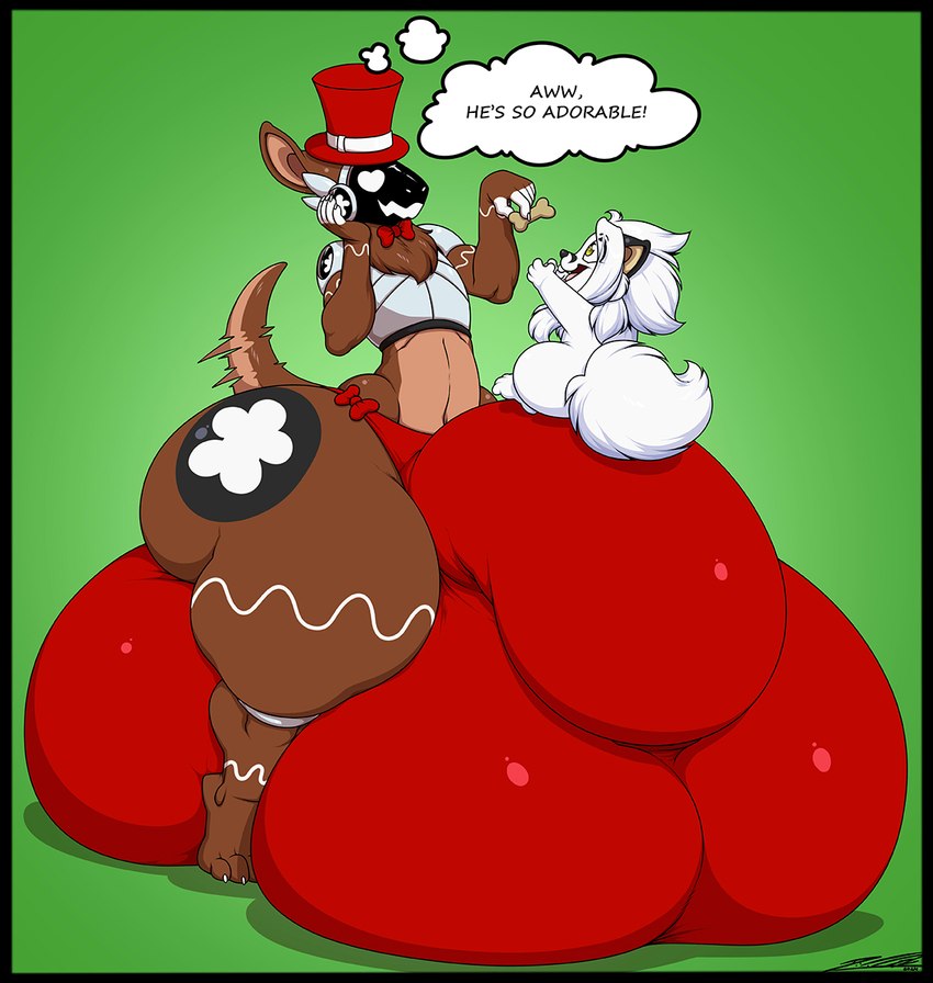 anthro big_bulge black_border border bottomwear brown_body bulge clothing detailed_bulge dog_food dog_treat duo fur gingerbread_man hat headgear headwear heart_eyes heart_symbol huge_bulge huge_thighs hyper hyper_bulge machine male multicolored_body open_mouth pet_food tail tail_motion tailwag text thick_thighs thought_bubble top_hat two_tone_body white_body white_fur yellow_eyes deonwolf deon_(deonwolf) fester_(fluffybooty) canid canine canis mammal protogen wolf 2024 english_text hi_res