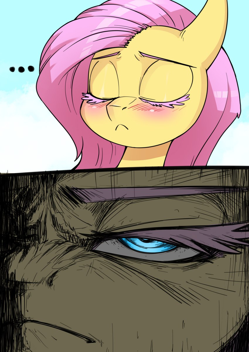 blue_eyes blush close-up eyebrows eyelashes female feral fur hair pink_eyebrows pink_eyelashes pink_hair stare two_panel_image yellow_body yellow_fur underpable friendship_is_magic hasbro my_little_pony fluttershy_(mlp) equid equine mammal absurd_res hi_res