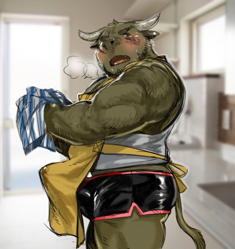 anthro apron beard biped blush bottomwear bulge clothing erection facial_hair genitals horn humanoid_hands male manly muscular muscular_male penis shirt shorts solo tank_top tenting topwear underwear kita_9999 bovid bovine cattle mammal 2019 hi_res