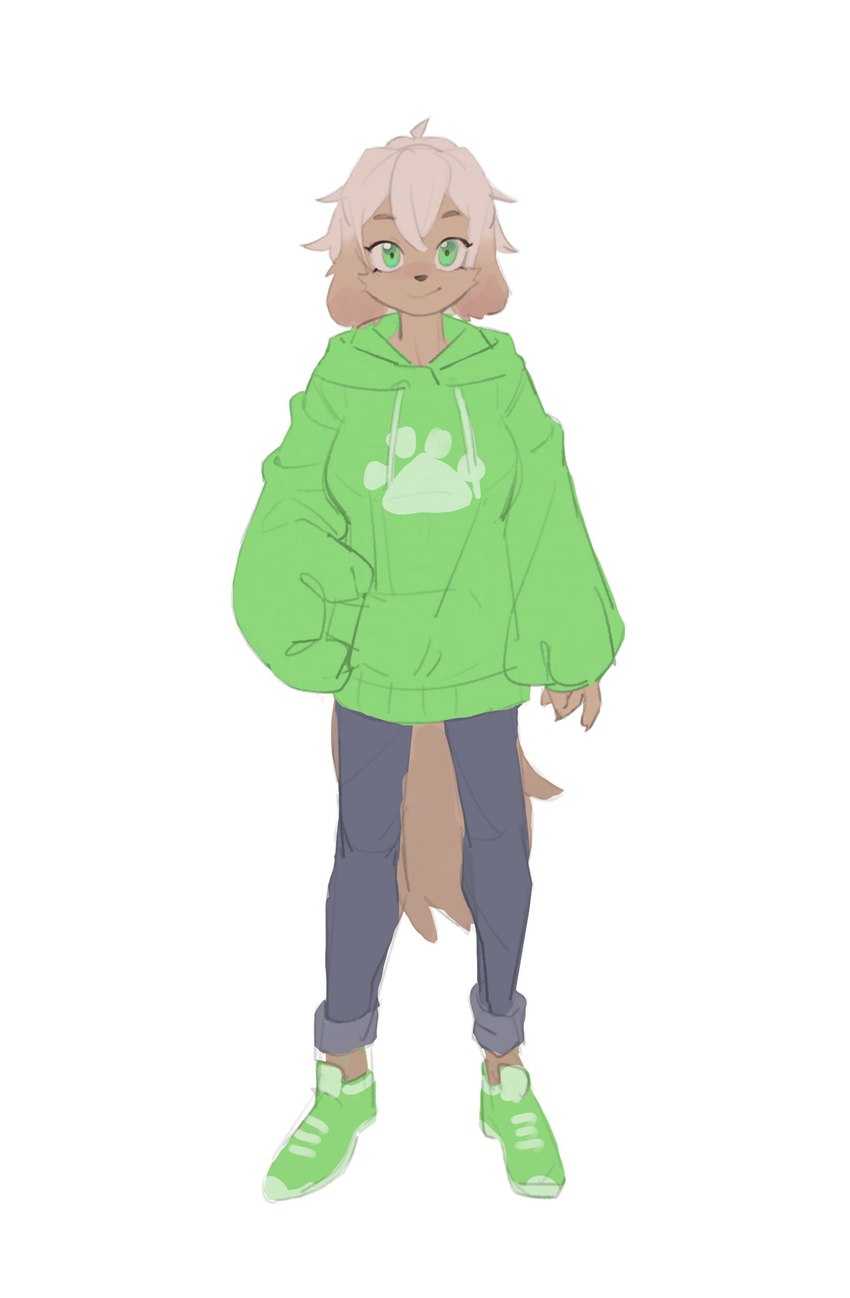 anthro blonde_hair bottomwear clothed clothing female floppy_ears fully_clothed green_eyes hair hand_in_pocket hoodie kemono light_hair oversized_clothing oversized_hoodie oversized_topwear pants pawprint_clothing pockets running_shoes smile solo sweater topwear kemari lime_(kemari) canid canine canis domestic_dog mammal absurd_res digital_media_(artwork) full-length_portrait hi_res portrait