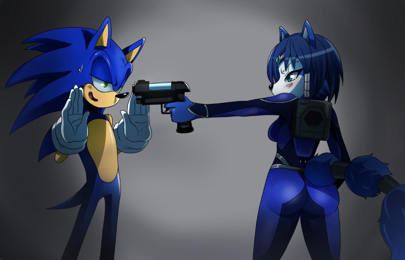 accessory anthro backpack blue_body blue_eyes blue_fur blue_hair blush bodily_fluids bodysuit breasts butt circlet clothing duo eye_contact female fluffy fluffy_tail fur furgonomics gloves gradient_background green_eyes grey_background gun gunpoint hair half-closed_eyes handwear looking_at_another male narrowed_eyes naturally_censored open_mouth ranged_weapon short_hair side_boob simple_background skinsuit smile standing sweat tail tail_accessory tailband tight_clothing tongue weapon white_body white_fur sssonic2 nintendo sega sonic_the_hedgehog_(series) star_fox krystal_(star_fox) sonic_the_hedgehog canid canine eulipotyphlan fox hedgehog mammal 2012 crossover digital_media_(artwork) hi_res