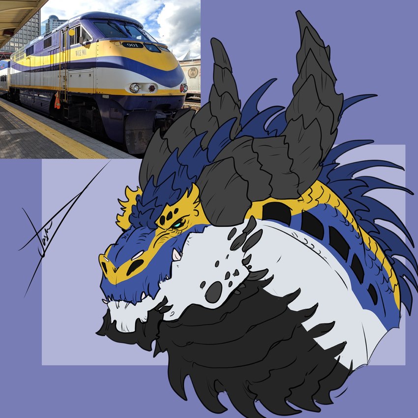 2_horns back_spikes back_spines belly belly_scales black_belly black_body black_countershading black_eyebrows black_eyes black_horn black_scales black_spikes blue_body blue_pupils blue_scales blue_spines canada canadian chin_spikes countershade_neck countershading dark_body diesel-electric_locomotive emd_f59 empty_eyes exposed_teeth eyebrows facial_scales facial_spikes feral head_spikes headlights horn jaw_spikes locomotive machine male markings multicolored_body multicolored_scales neck_spikes neck_spines photo pupils purple_background reference_image reverse_countershading ridged_horn scale_eyebrows scale_markings scales simple_background solo spikes spikes_(anatomy) spines striped_body striped_scales stripes teeth train underbite vehicle wavy_horn white_body white_scales yellow_body yellow_markings yellow_scales yellow_stripes vamp_arts electro-motive-diesel how_to_dragon_your_train mythology west_coast_express dragon hybrid living_machine living_train living_vehicle locomorph mythological_creature mythological_scalie reptile scalie 1:1 2023 digital_drawing_(artwork) digital_media_(artwork) headshot_portrait hi_res meme portrait signature