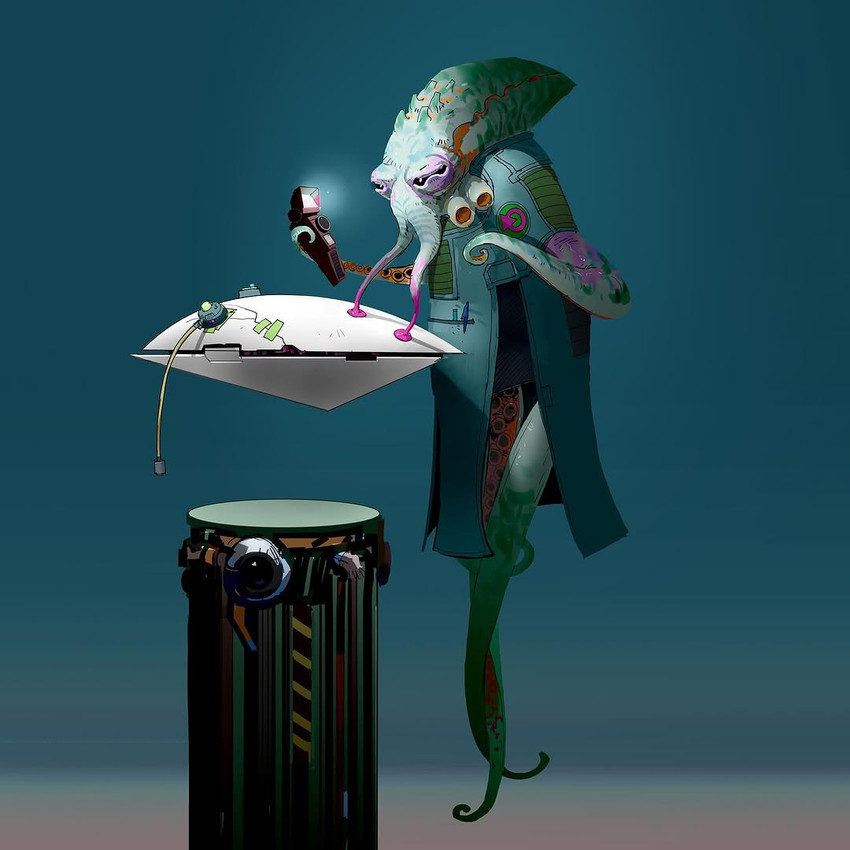ambiguous_gender anthro clothing floating green_background green_body green_clothing holding_object horizontal_pupils pupils simple_background solo suction_cup technology tentacles dermot_power emergence_universe alien cephalopod coleoid marine mollusk octopodiform octopus 1:1 2025 digital_media_(artwork)