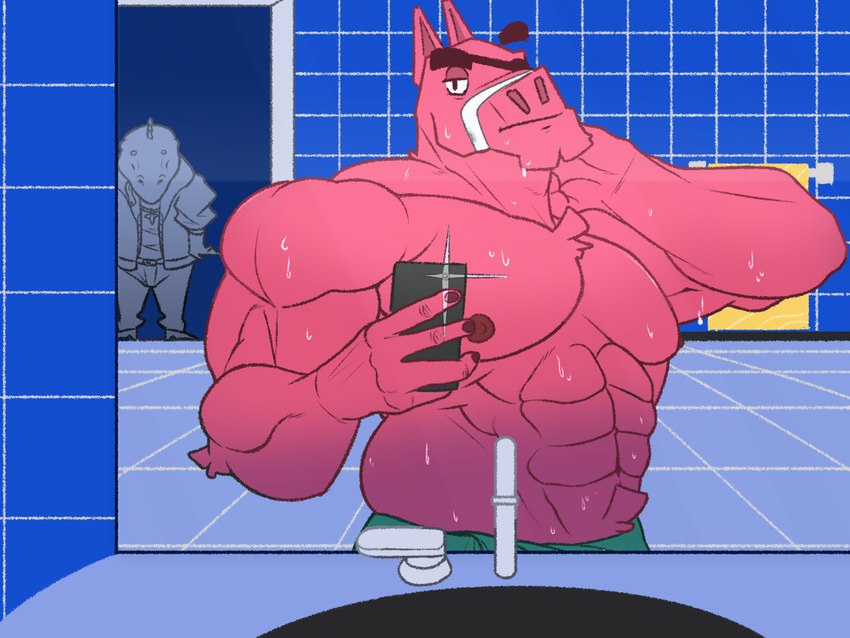 abs anthro bathroom big_pecs bodily_fluids bottomwear clothed clothing eye_patch eyewear fur hand_on_neck jacket jewelry looking_at_mirror looking_at_object male mirror mirror_selfie muscular muscular_anthro muscular_arms muscular_male navel necklace nipples pants pecs pinata pink_body pink_fur selfie solo sweat tongue tongue_out topless topless_anthro topless_male topwear towel towel_only tufted_fur cronolm epic_games fortnite lt._john_llama thunder_(fortnite) animate_inanimate camelid komodo_dragon living_pinata lizard llama mammal monitor_lizard reptile scalie 4:3 absurd_res hi_res