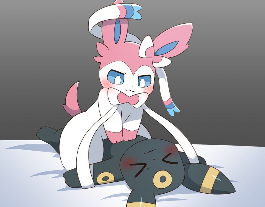 >_< ambiguous/ambiguous ambiguous_gender bed black_body black_fur blue_eyes blush duo eyes_closed feral fur furniture looking_at_another on_bed pinned ribbons_(anatomy) seductive simple_background smile tail white_body white_fur sum nintendo pokemon eeveelution generation_2_pokemon generation_6_pokemon pokemon_(species) sylveon umbreon