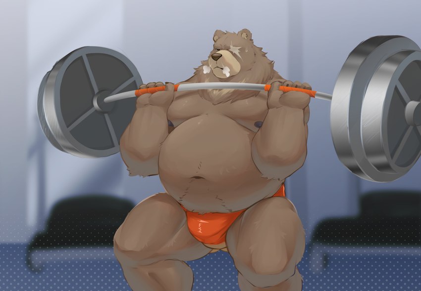 anthro areola barazoku barbell barbell_squats belly bent_legs big_belly big_muscles blurred_background bodily_fluids breath bulge claws clothed clothing exercise frown fur gym huge_belly huge_muscles inside kemono male manly moobs musclegut muscular muscular_anthro muscular_male narrowed_eyes navel nipples overweight overweight_anthro overweight_male pecs scar solo speedo squats standing sweat sweatdrop swimwear thick_thighs topless topless_anthro topless_male tuft weightlifting workout kajin-sama mihoyo zenless_zone_zero ben_bigger bear mammal 2024 absurd_res hi_res