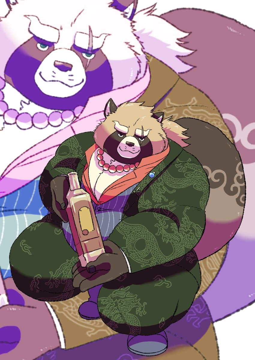 alcohol anthro belly beverage bottle brown_body brown_fur clothing container eyebrows fur jewelry male necklace overweight scar smile solo suit thick_eyebrows kusarikakemono lifewonders tokyo_afterschool_summoners gyobu_(tas) canid canine mammal raccoon_dog tanuki hi_res