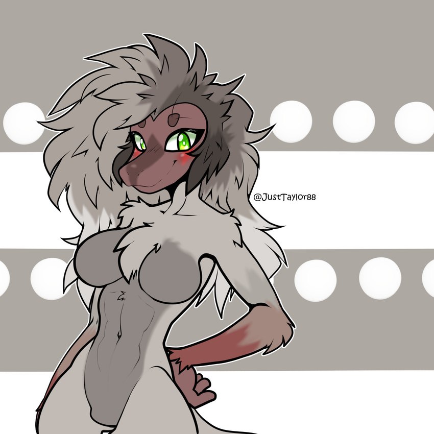 anthro blush breasts featureless_breasts female fluffy fluffy_hair fur green_eyes hair hand_on_hip looking_at_viewer multicolored_body multicolored_fur navel nude pose solo justtaylor trish_(fightinlove) trish_the_baboon baboon haplorhine mammal monkey old_world_monkey primate 1:1 2021 digital_media_(artwork) hi_res