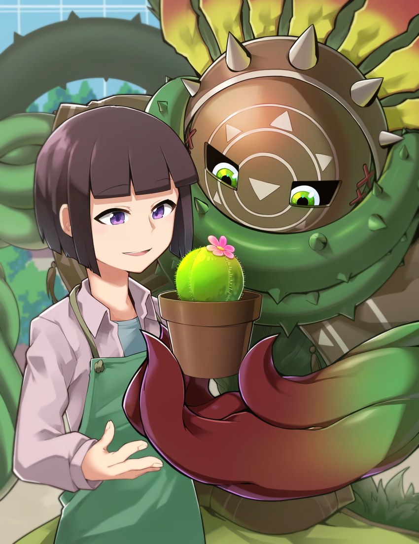 anthro duo female gardening green_eyes growing_plants hime_cut male mask plant plant_pot potted_plant vines toyuri_angrm bandai_namco digimon digimon_ghost_game yuto_(digimon_ghost_game) ajatarmon digimon_(species) elemental_creature flora_fauna human mammal absurd_res hi_res