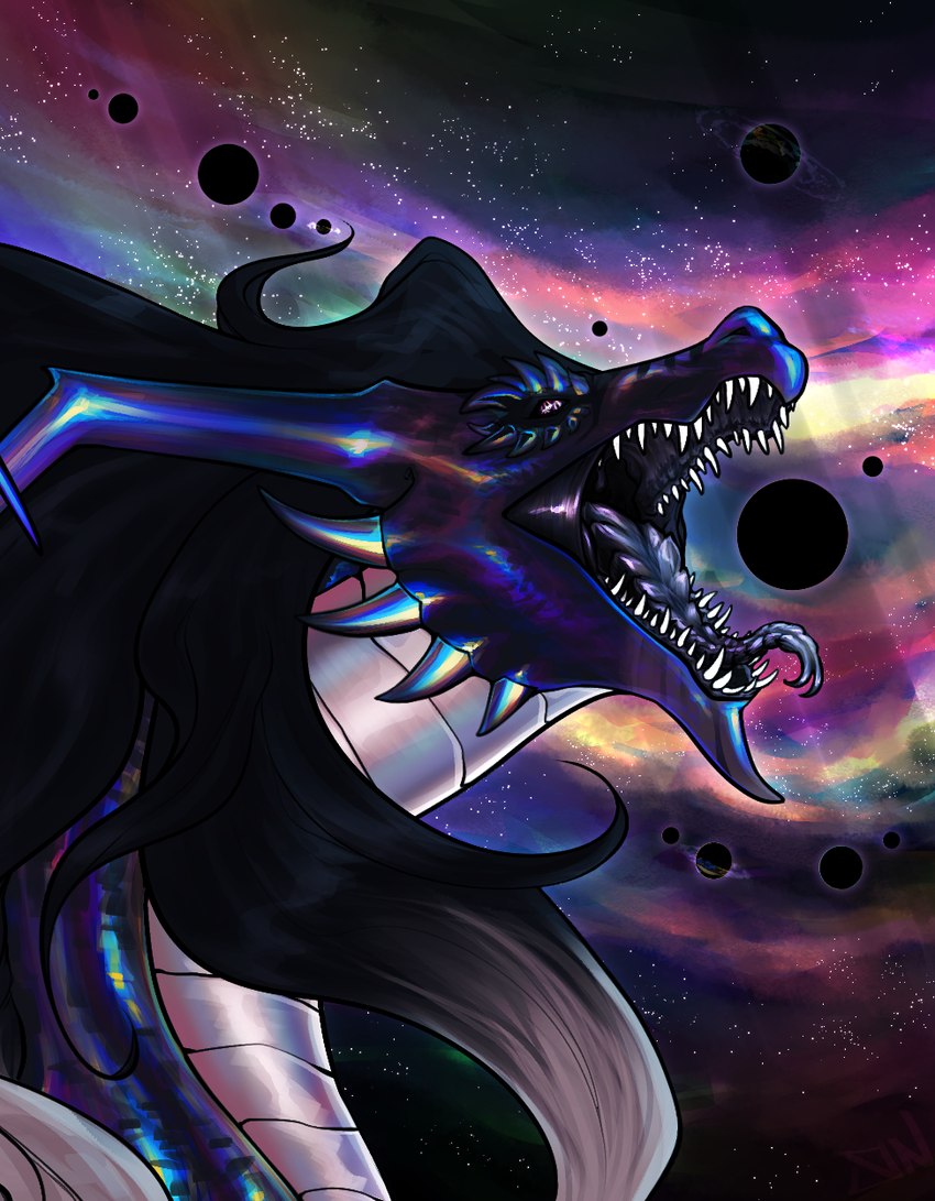 ambiguous_gender black_hair black_hole black_tongue cheek_spikes cosmic_background countershading eyebrow_spikes facial_spikes feral forked_tongue gradient_hair hair horn iridescent_body iridescent_horn iridescent_scales long_hair nebula scales sharp_teeth solo space spikes spikes_(anatomy) star teeth tongue tongue_out white_body white_countershading white_hair white_scales sheycra mythology nihlio_vis dragon mythological_creature mythological_scalie scalie hi_res male_(lore)