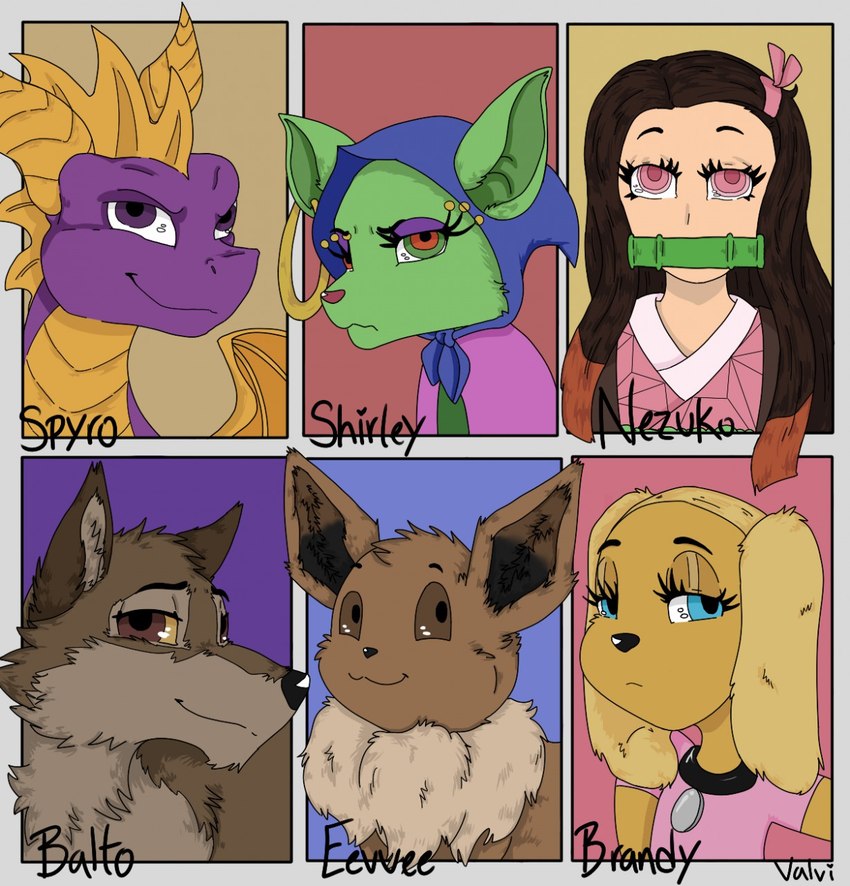 brown_eyes collar female group male muzzle_(object) pink_eyes purple_eyes valvi369 activision balto_(series) brandy_and_mr._whiskers cartoon_network courage_the_cowardly_dog demon_slayer disney mythology nintendo pokemon spyro_the_dragon universal_studios balto brandy_harrington nezuko_kamado shirley_the_medium spyro canid canine canis chihuahua demon domestic_dog dragon eevee fox generation_1_pokemon mammal mythological_creature mythological_scalie pokemon_(species) scalie toy_dog wolf crossover hi_res