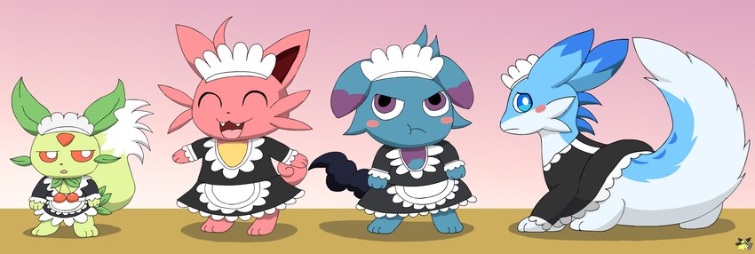 ambiguous_gender annoyed blue_body blue_fur blush clothed clothed_feral clothing embarrassed feral fur green_body green_fur group happy maid_headdress maid_uniform pink_body pink_fur uniform pichu90 palworld pocketpair cattiva chillet depresso lifmunk pal_(species) hi_res