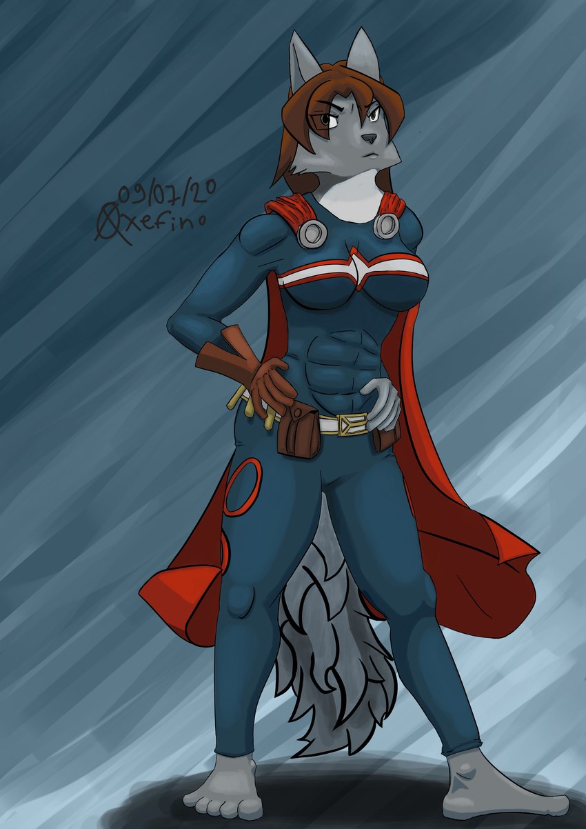 anthro brown_hair cape clothing female fur grey_body grey_fur hair hero looking_at_viewer red_cape red_clothing solo xefino the_adventure_of_xefino katherine_dickens artesian canid canine canis mammal wolf absurd_res digital_drawing_(artwork) digital_media_(artwork) hi_res tagme