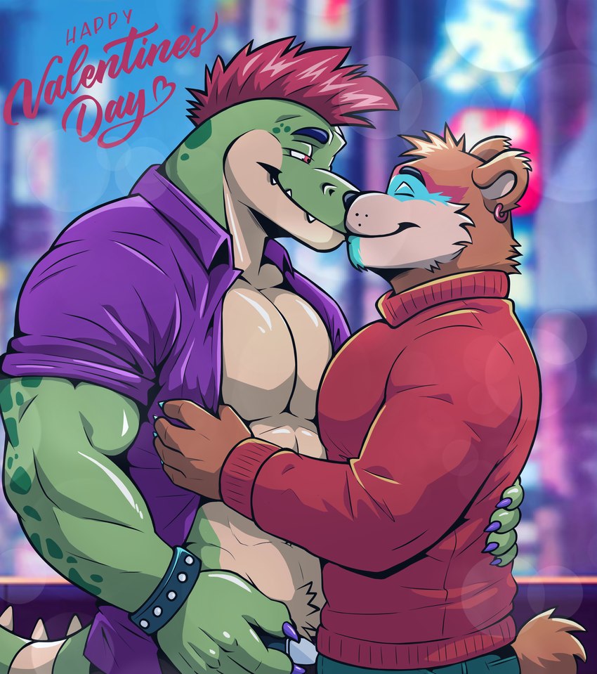 abs anthro clothed clothing duo eye_contact holidays hug kiss_on_lips kissing looking_at_another machine male male/male mohawk muscular open_clothing open_shirt open_topwear shirt smile sweater topwear mezzmar five_nights_at_freddy's five_nights_at_freddy's:_security_breach scottgames steel_wool_studios valentine's_day glamrock_freddy montgomery_gator animatronic bear crocodile crocodilian mammal reptile robot scalie absurd_res hi_res