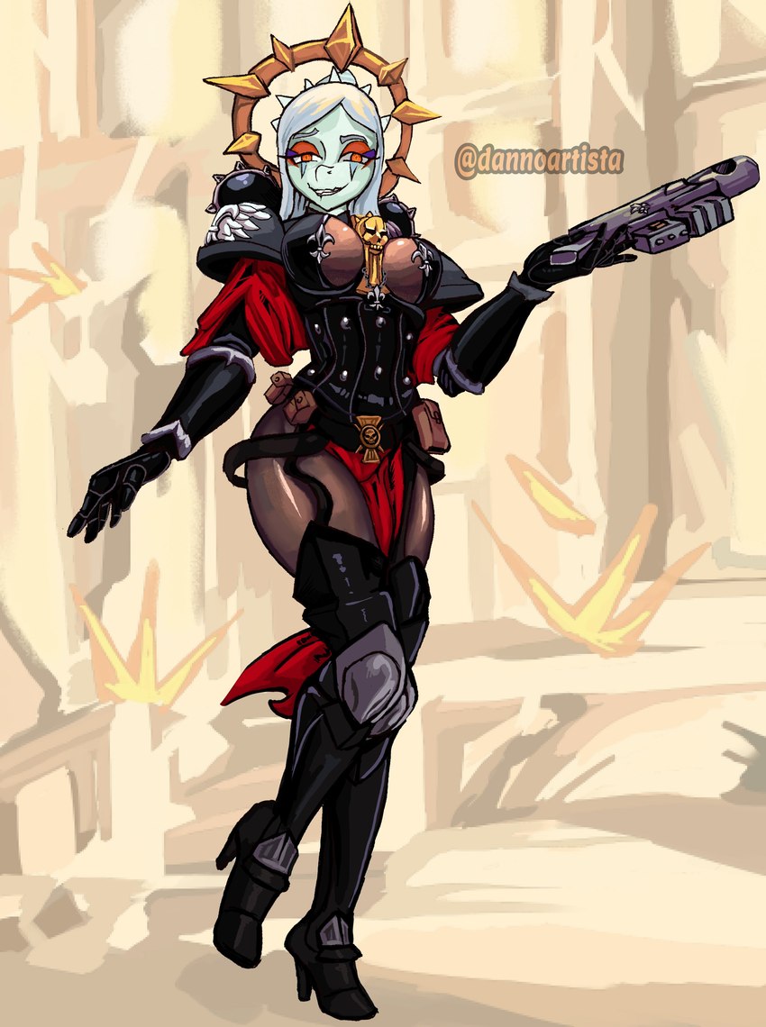 adepta_sororitas amber_eyes anthro armor boob_armor boots bottomwear breasts clothing cosplay crossover_cosplay detailed_background eyelashes eyeliner female fingers footwear grey_body grey_hair grey_scales gun hair high_heeled_boots high_heels legwear loincloth long_hair looking_at_viewer makeup outside ranged_weapon scales shoes smile solo teeth thigh_boots thigh_highs weapon dannoartista cavemanon_studios goodbye_volcano_high snoot_game warhammer_(franchise) warhammer_40000 fang_(gvh) sister_of_battle dinosaur prehistoric_species pterodactylus pterosaur reptile scalie 2023 absurd_res artist_name crossover digital_drawing_(artwork) digital_media_(artwork) hi_res watermark