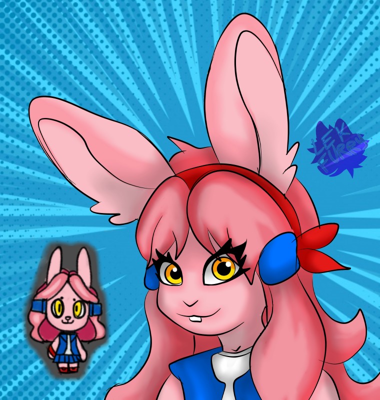 blue_background chibi female simple_background smile solo yellow_eyes lek dalan harley nina lagomorph leporid mammal rabbit rpg_(disambiguation) hi_res signature