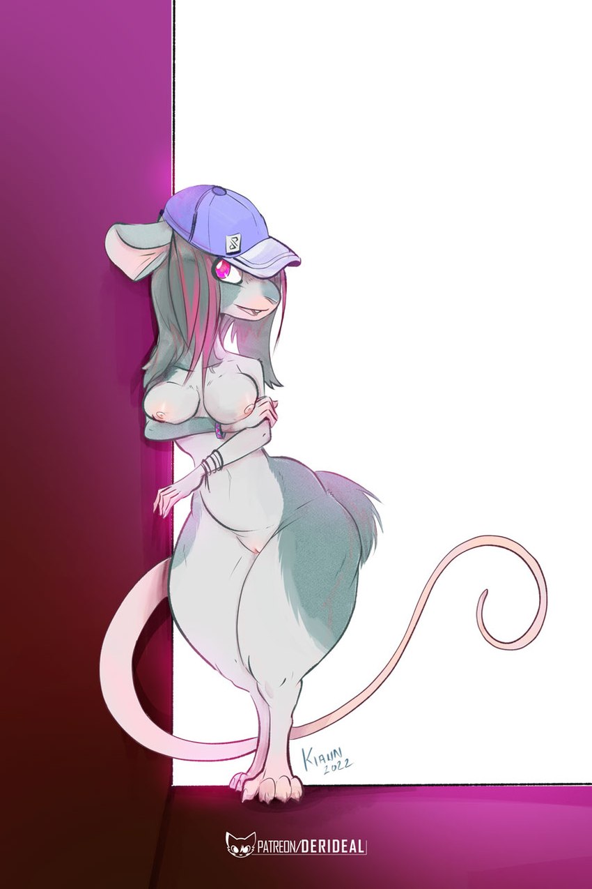 arm_ring breasts clothing ears_down female genitals hair hanging_breasts hat headgear headwear letters long_hair long_tail pink_eyes pivoted_ears pussy simple_background solo symbol tail text thick_thighs white_background kiaun mammal murid murine rat rodent colored digital_drawing_(artwork) digital_media_(artwork) english_text hi_res portrait shaded signature url