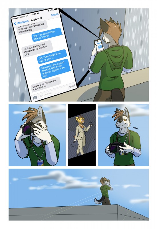 anthro being_watched blonde_hair border building camera camera_view clothed clothing cloven_hooves electronics female fur hair hooves looking_at_another male outside phone text white_border houkuko kryn rix canid canine canis deer mammal wolf 2019 absurd_res comic english_text hi_res