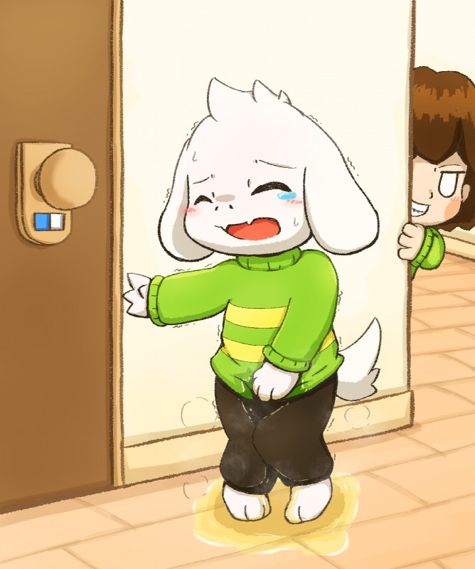 ambiguous_gender anthro being_watched blush bodily_fluids clothed clothing duo fully_clothed genital_fluids holding_crotch knock-kneed laugh looking_at_another male omorashi pants_wetting tears urine wet wet_clothing wetting young young_ambiguous young_anthro young_human young_male rokesys undertale undertale_(series) asriel_dreemurr chara_(undertale) boss_monster_(undertale) bovid caprine human mammal hi_res