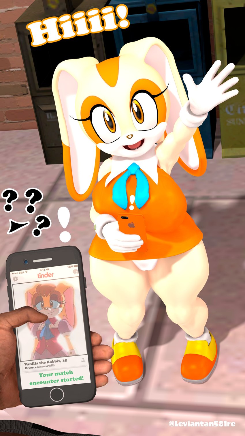 5_fingers anthro big_breasts big_ears bow_ribbon breasts catfishing cellphone clothing curvy_figure detailed_background dialogue dress duo electronics exclamation_point eyelashes female fingers first_person_view floppy_ears fur gloves handwear human_pov light-skinned_male light_body light_skin long_ears looking_at_viewer male male_pov multicolored_body multicolored_fur open_mouth open_smile orange_body orange_clothing orange_dress orange_eyes orange_fur orange_sneakers outside panties panty_shot phone question_mark short short_female short_stack smartphone smile tan_body tan_fur text thick_thighs underwear voluptuous voluptuous_anthro voluptuous_female white_body white_clothing white_fur white_gloves white_handwear white_panties white_underwear wide_hipped_anthro wide_hipped_female wide_hips leviantan581re kabalmystic_(modeler) apple_inc. iphone sega sonic_the_hedgehog_(series) tinder_(app) cream_the_rabbit vanilla_the_rabbit human lagomorph leporid mammal rabbit 2025 3d_(artwork) 4k 9:16 absurd_res artist_name digital_media_(artwork) english_text hi_res source_filmmaker_(artwork) watermark
