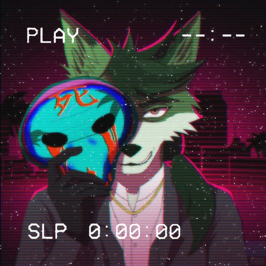 anthro blood bodily_fluids creepy_smile fur gold_(metal) gold_jewelry green_body green_fur hair jewelry maniac mask ponytail serial_killer smile suit_jacket synthwave vhs_filter fenriet kudo_redfox_(character) canid canine canis fox hybrid mammal wolf 1:1 hi_res