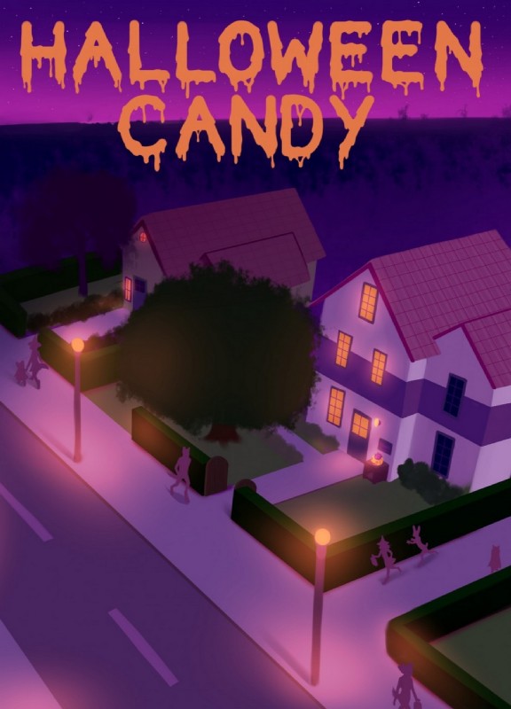 ambiguous_gender building group hedge high-angle_view holidays horizon house lamp lantern light night outside plant running shrub sidewalk silhouette sky standing star starry_sky street street_lamp text tree walking window yard celeste_(artist) halloween ambiguous_species comic cover english_text hi_res