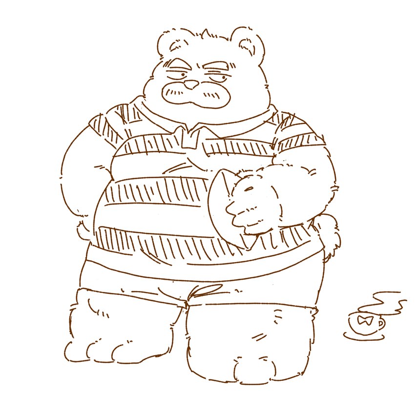 anthro ball bottomwear clothing container cup kemono male overweight overweight_male rugby rugby_ball rugby_uniform shirt shorts solo topwear nishiorkita kumalino sanrio roast_(kumalino) bear mammal 1:1 2022 hi_res monochrome