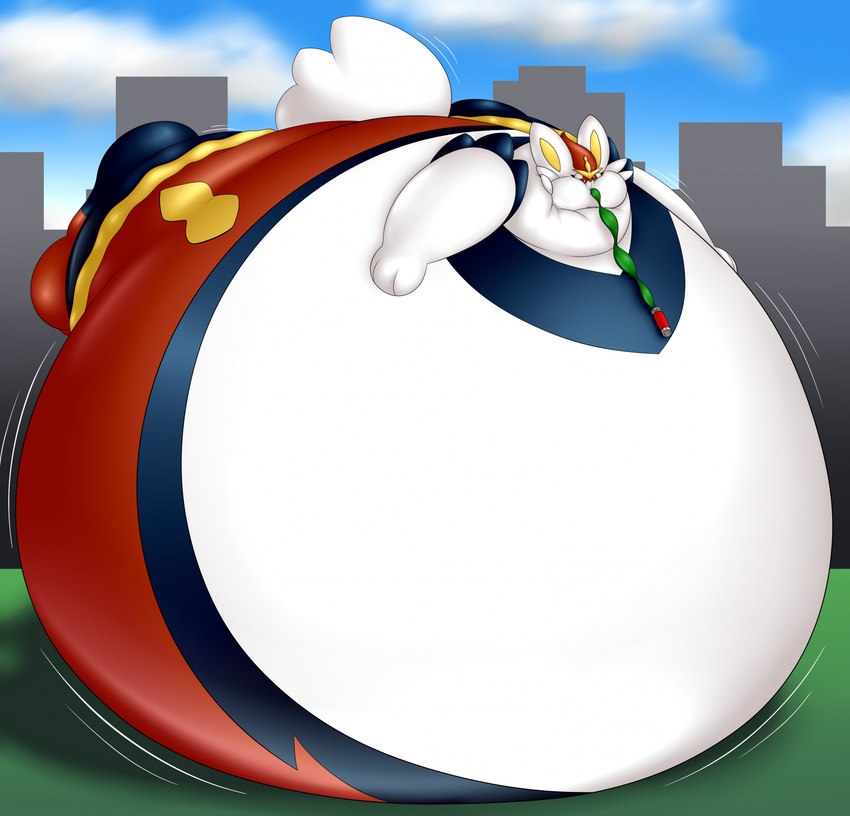 air_inflation air_tank ambiguous_gender anthro belly belly_expansion big_belly big_cheeks big_feet big_tail blue_sky body_inflation building cheek_expansion cloud expansion feet foot_expansion grass hose hose_in_mouth hose_inflation huge_belly huge_cheeks huge_feet huge_tail hyper hyper_belly hyper_cheeks hyper_feet hyper_inflation hyper_tail immobile inflation looking_down lying motion_lines multicolored_body on_front outside plant red_body red_eyes red_nose sky solo swelling tail tail_expansion three-quarter_view white_body white_ears white_tail yellow_inner_ear kittypooka nintendo pokemon cinderace generation_8_pokemon lagomorph leporid mammal pokemon_(species) rabbit 2023 colored digital_media_(artwork) hi_res shaded