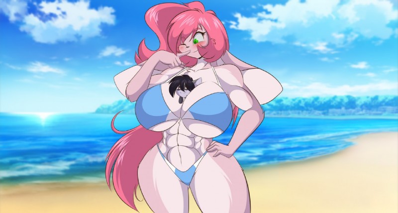 abs anthro beach big_breasts big_ears bikini breasts cleavage clothed clothing curvy_figure duo female floppy_ears fur green_eyes hair huge_breasts long_ears long_hair micro multicolored_body multicolored_fur muscular muscular_female pink_body pink_fur pink_hair seaside size_difference smile swimwear thick_thighs two-piece_swimsuit two_tone_body two_tone_fur under_boob voluptuous wide_hips mastergodai rascals reiko_usagi shaze lagomorph leporid mammal rabbit digital_media_(artwork)