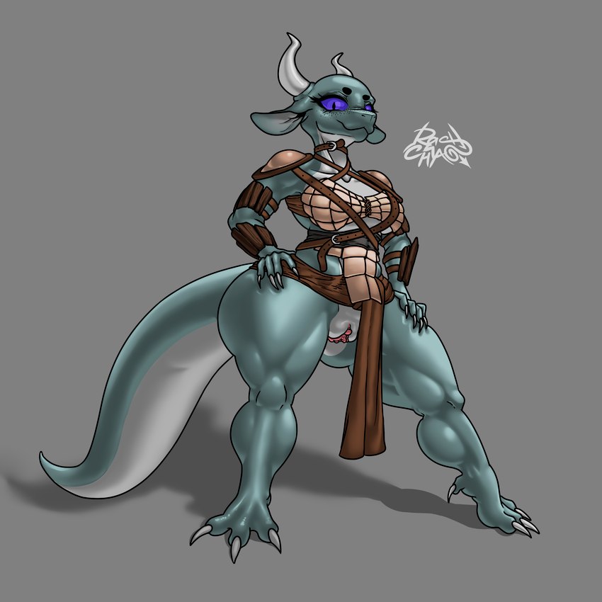 anthro armor big_butt big_tail black_eyebrows breasts butt claws clitoris clothed clothing eyebrows eyelashes female genitals green_body green_skin grey_body grey_skin hand_on_butt hand_on_leg horn huge_butt huge_tail long_ears long_horn long_tail looking_at_viewer multicolored_body multicolored_skin muscular muscular_female outline partially_clothed pink_pussy purple_sclera pussy shadow smile smiling_at_viewer solo standing tail thick_tail thick_thighs toe_claws white_body white_skin wide_hips rashchaos tovi kobold scalie 1:1 absurd_res digital_media_(artwork) hi_res signature