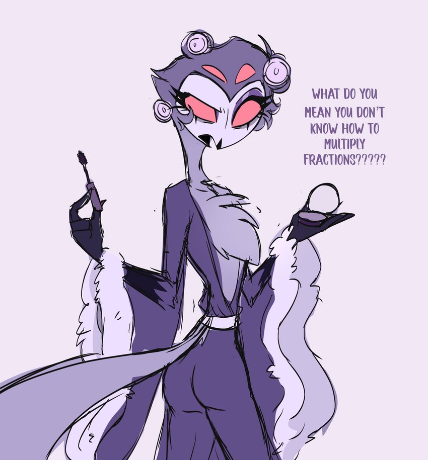 anthro butt clothing dialogue hair hair_curlers looking_at_viewer looking_back makeup male purple_clothing purple_robe purple_text red_eyes robe short_hair simple_background solo standing text white_background white_face teathekook helluva_boss stolas_(helluva_boss) avian bird owl owl_demon hi_res