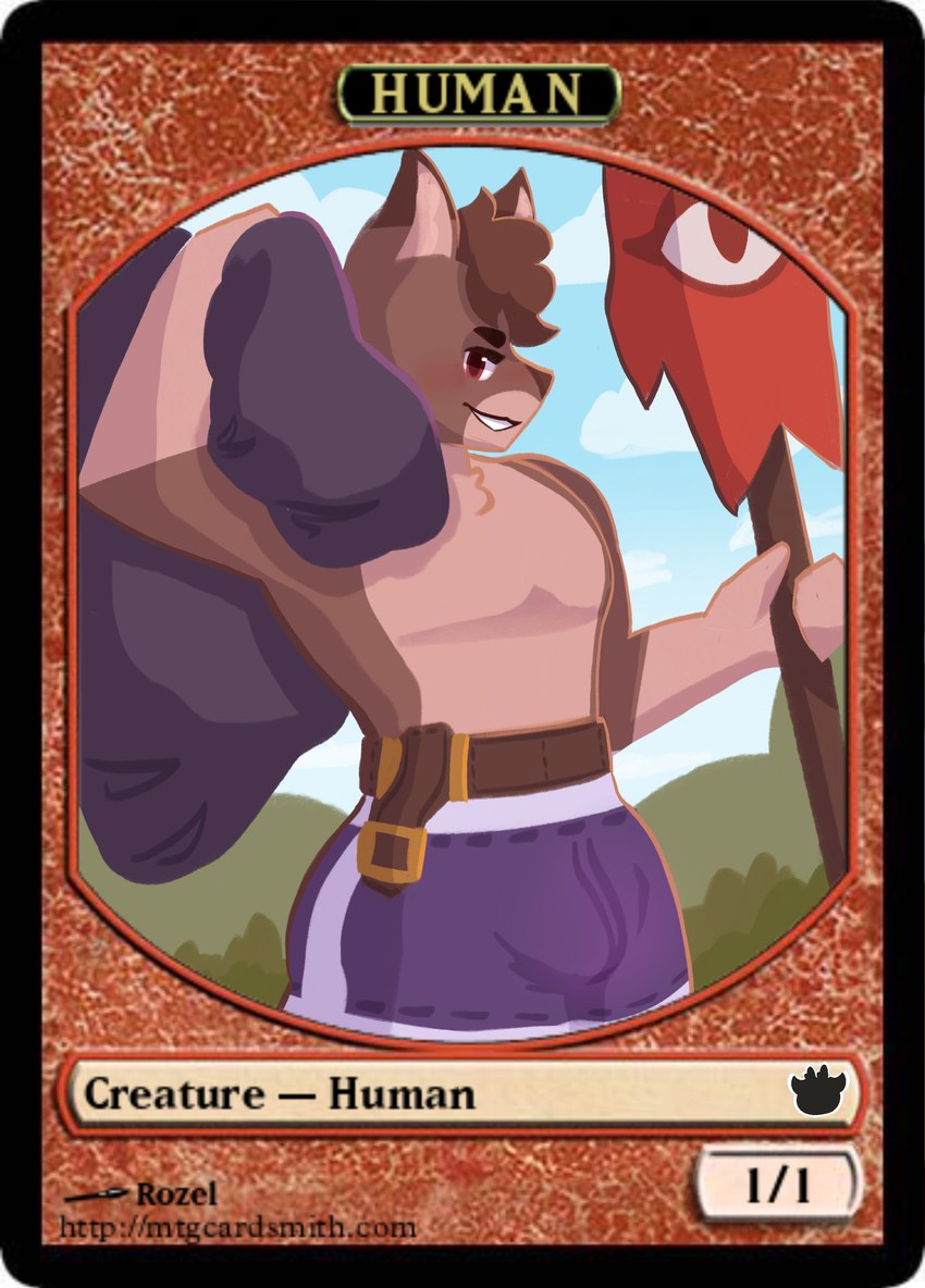 anthro banner brown_body brown_fur bulge card_template cult dual_holding fur grin holding_banner holding_object looking_at_viewer male pose red_eyes smile solo text token trading_card trading_card_template artwithrozel hasbro magic:_the_gathering wizards_of_the_coast canid canine mammal absurd_res english_text hi_res pinup