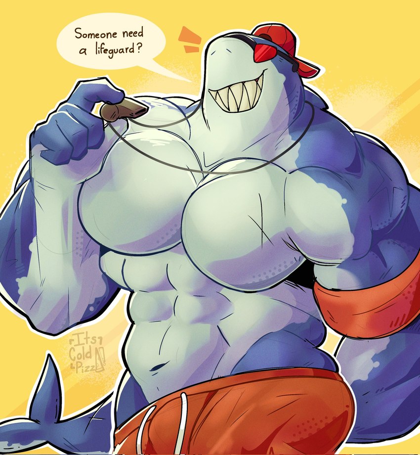 anthro backwards_baseball_cap backwards_hat baseball_cap clothing eyewear hat headgear headwear holding_whistle large_pecs male multicolored_body muscular muscular_male shark_tail shark_teeth shirtless_male smile solo sunglasses swimming_trunks swimwear two_tone_body whistle_around_neck its_coldpizza epic_games fortnite safety_first_steve_(fortnite) fish marine shark hi_res