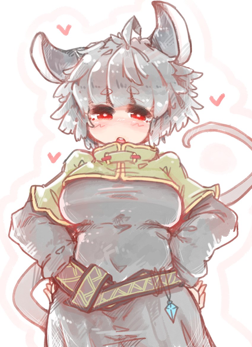 belt big_breasts blush breasts capelet clothed clothing dress female grey_hair hair hands_on_hips heart_symbol open_mouth red_eyes short_hair solo teeth sabitare touhou nazrin animal_humanoid humanoid mammal mammal_humanoid mouse_humanoid murid murid_humanoid murine murine_humanoid rodent rodent_humanoid absurd_res hi_res