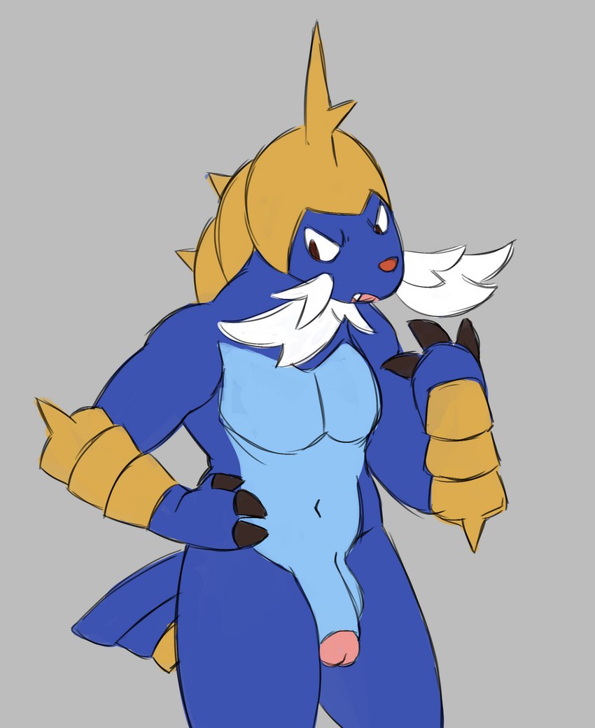 anthro anthrofied balls claws facial_hair genitals looking_aside male muscular muscular_male open_mouth penis pokemorph solo nova_nsfw nintendo pokemon generation_5_pokemon pokemon_(species) samurott hi_res